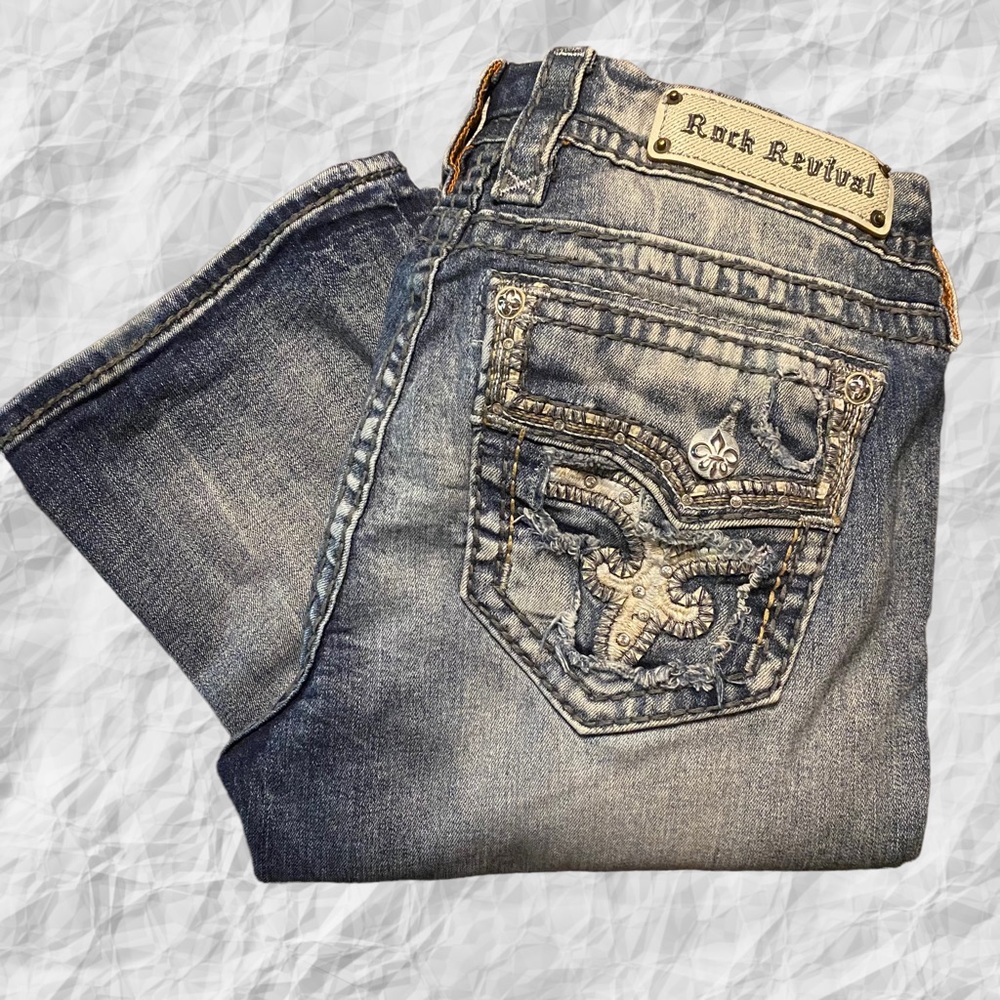 Rock Revival Sz 31X33 Betty Mid Rise Boot Destroyed Studs Rhinestones Jeans